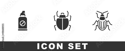 Set Spray against insects, Mite and Chafer beetle icon. Vector.