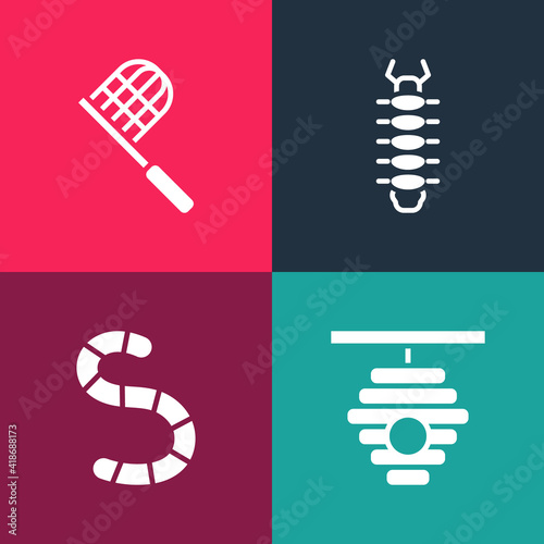 Set pop art Hive for bees, Worm, Centipede and Butterfly net icon. Vector.