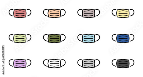不織布マスクのアイコンセット。カラフルな色を塗ってあるシンプルなイラストのセット。シンプルで使いやすいベクターアイコン。