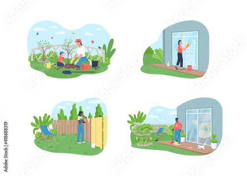 Outside spring cleaning 2D vector web banner, poster. Outdoor home maintenance. Diverse people flat characters on cartoon background. Household chores printable patch, colorful web element