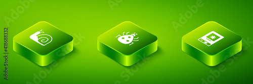 Set Isometric Ladybug, Book about insect and Snail icon. Vector.