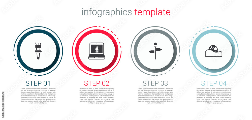 Set Torch flame, Online museum, Road traffic signpost and Human skull. Business infographic template. Vector. Set Torch flame, Online museum, Road traffic signpost and Human skull. Business infographic template. Vector.