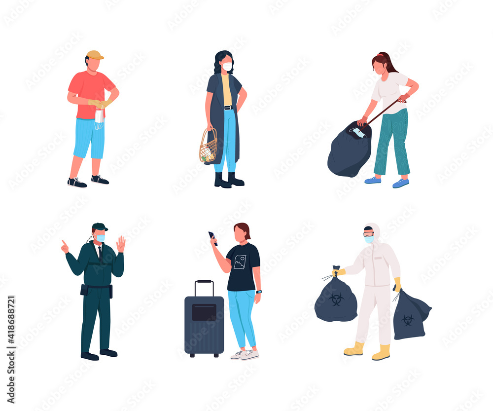 New reality flat color vector faceless character set. Getting rid of covid pandemia rubbish. People in medical masks isolated cartoon illustration for web graphic design and animation