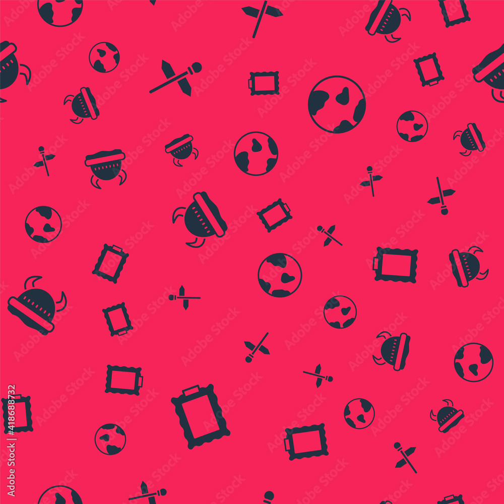 Set Picture, Road traffic signpost, Viking in horned helmet and Earth globe on seamless pattern. Vector.