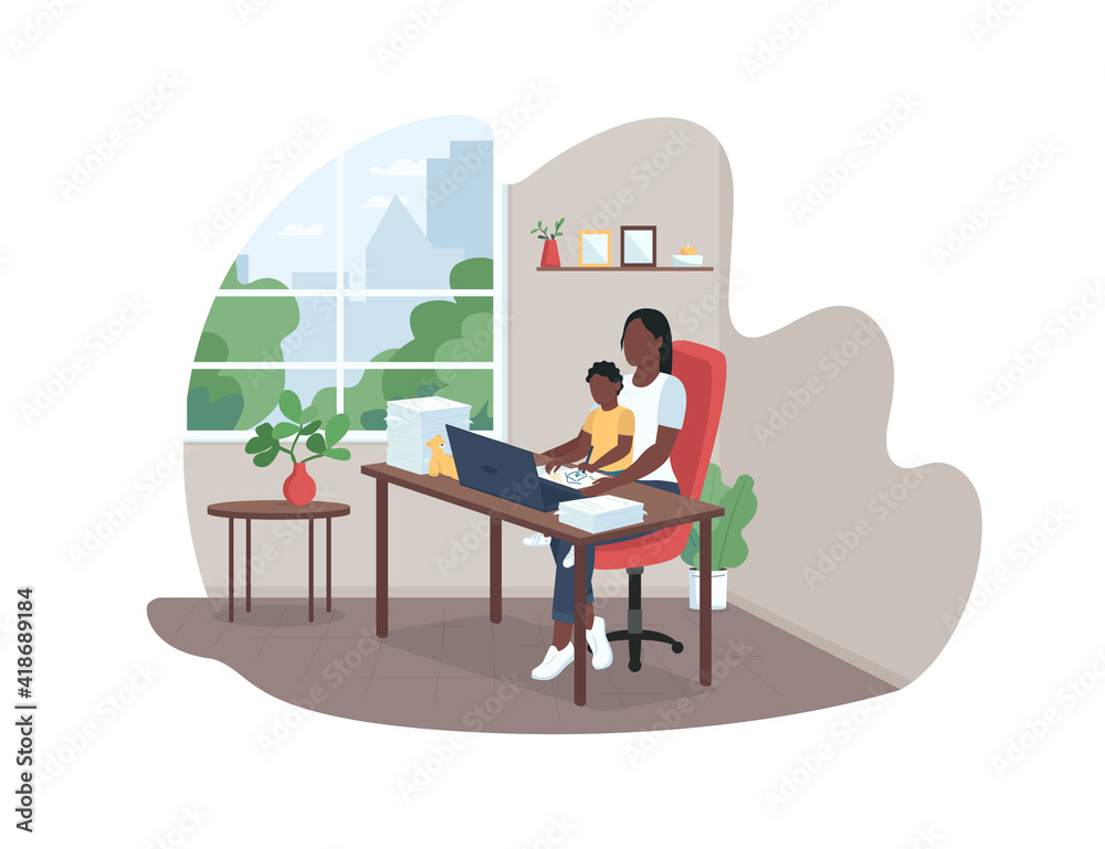 Working mother 2D vector web banner, poster. Freelance benefits. Young mom at computer with baby flat characters on cartoon background. Home office printable patch, colorful web element Working mother 2D vector web banner, poster. Freelance benefits. Young mom at computer with baby flat characters on cartoon background. Home office printable patch, colorful web element