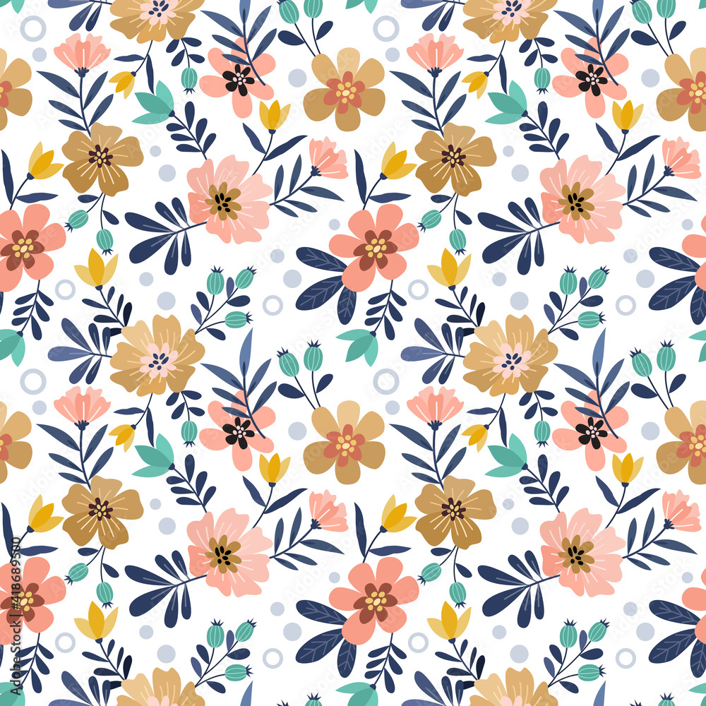 Blue hand draw flowers seamless pattern design on white color background. can use for fabric textile wallpaper.