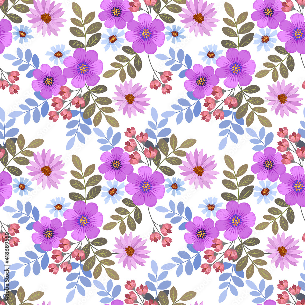 Purple hand draw flowers seamless pattern on white color background for fabric textile wallpaper.