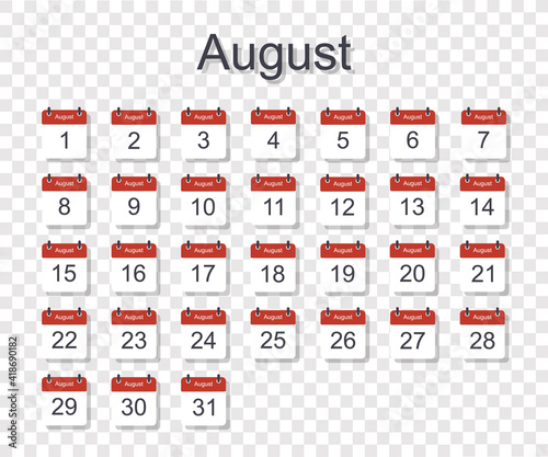 Monthly calendar template for August with daily date. On transparent background. Flat style