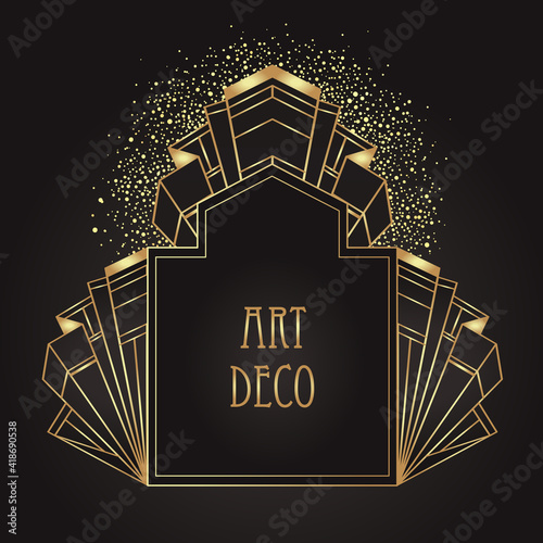Art Deco vintage gold patterns over black, frames and design elements. Retro party geometric background set 1920s style. Vector illustration for glamour party, thematic wedding or textile prints.