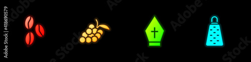 Set Coffee beans, Grape fruit, Pope hat and Grater icon. Vector.