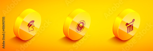 Set Isometric Greek helmet, Ancient coin and column icon. Vector.