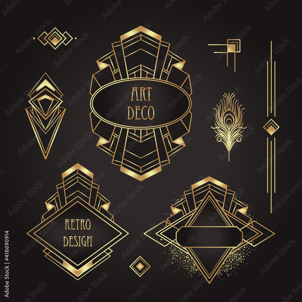 Art Deco vintage gold patterns over black, frames and design elements.  Retro party geometric background set 1920s style. Vector illustration for  glamour party, thematic wedding or textile prints. Stock Vector | Adobe