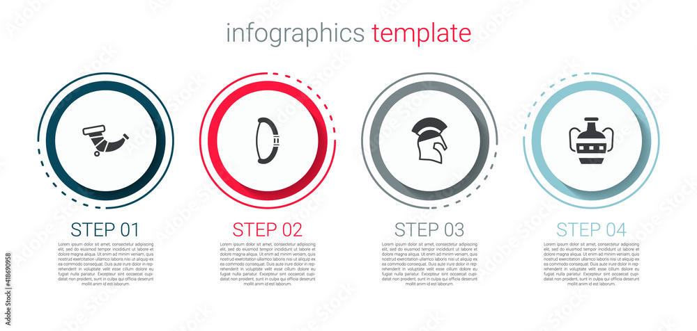 Set Hunting horn, Medieval bow, Greek helmet and Ancient amphorae. Business infographic template. Vector.