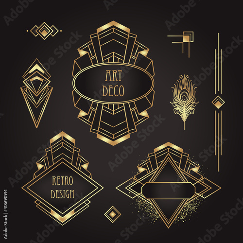 Art Deco vintage gold patterns over black, frames and design elements. Retro party geometric background set 1920s style. Vector illustration for glamour party, thematic wedding or textile prints.
