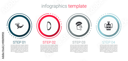 Set Hunting horn, Medieval bow, Greek helmet and Ancient amphorae. Business infographic template. Vector.