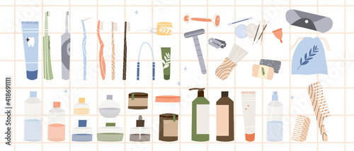 Bathroom accessories, bath items. Dental cleaning tools, natural skin care, organic cosmetics. Zero waste bathroom, reusable products. Eco friendly lifestyle. Vector flat cartoon illustration