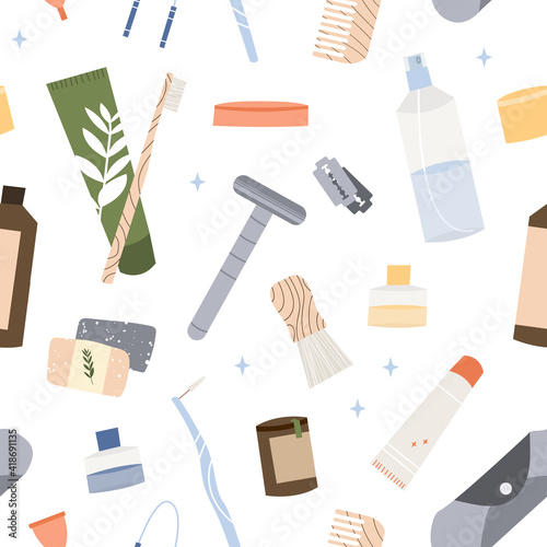 Bathroom accessories, bath items. Dental cleaning tools, natural skin care, organic cosmetics. Zero waste bathroom, reusable products. Eco friendly lifestyle. Vector flat cartoon art, seamless pattern