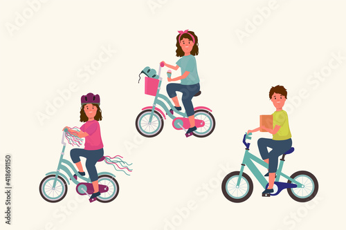 Collection of children's bicycles with children. An illustration with girls and boys on colored two-wheeled bicycles. Poster of a children's bike ride drawn on a white background. Vector illustration