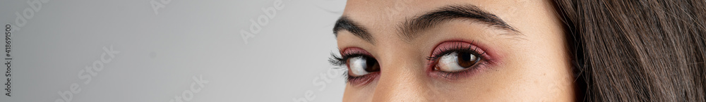 Fototapeta premium Macro shot of woman eye makeup with red eyeshadow. Close-up of woman eyelashes. Panoramic shot.