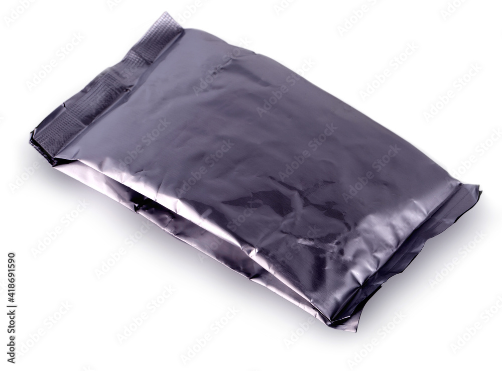 black foil zipper bag packaging on white background