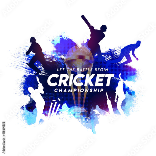 Illustration of batsman and bowler playing cricket championship sports with trophy on blue abstract paint stroke background