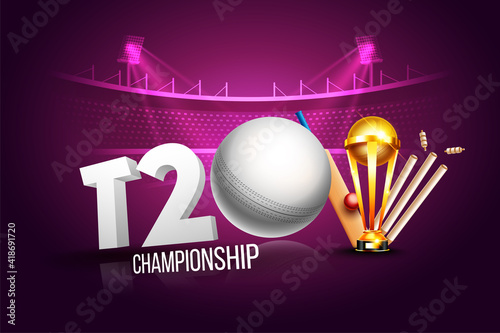 T2o cricket championship league concept with cricket bat, ball, stump and winning cup trophy for poster or banner on pink stadium background