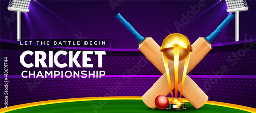 Cricket championship league concept with cricket bat, ball and winning cup trophy for poster or banner on cricket stadium