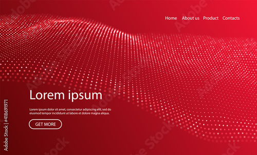 Abstract landing page background with red particles. Flow wave with dot landscape. Digital data structure. Future mesh or sound grid. Pattern point visualization. Technology vector illustration.