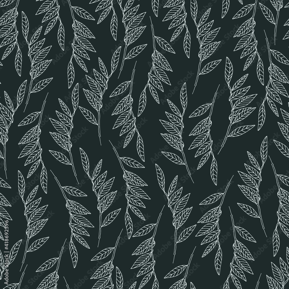 Seamless pattern with willow tree branches and leaves on black ...