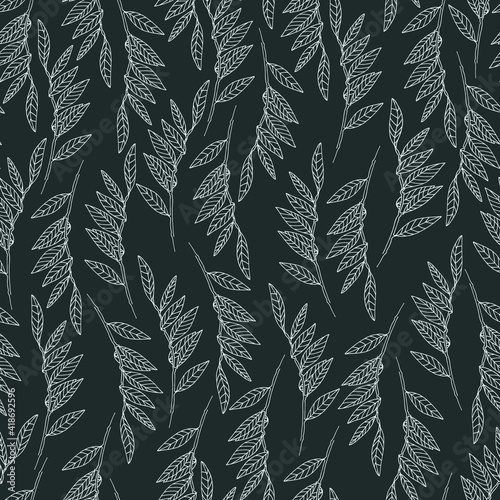Seamless pattern with willow tree branches and leaves on black background for surface design and other design projects. Monochrome realistic line art