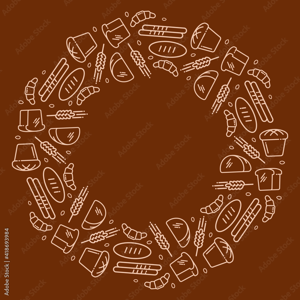 Bread frame, illustration, ring of bread icons. Vector icons in a circle on the background, a round pattern of bread, baguettes, loaves, rye, wheat, ears. Bakery design.