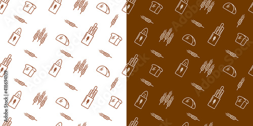 Vector set of design templates for packaging bakery products in a fashionable linear style. Seamless patterns with linear icons: bread, loaves, rye. Templates for creating logos.