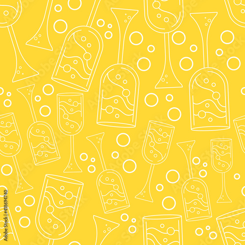 Seamless pattern abstract glass of champagne on a yellow background. Vector illustration for decoration, wrapping, wallpaper. Kitchen and bar design. Line art style fabric.