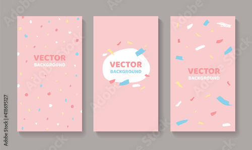 Set of pink abstract backgrounds with hand drawn colorful dots and brush strokes. Design templates for social media stories in vector