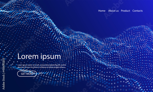 Abstract landing page background with blue particles. Flow wave with dot landscape. Digital data structure. Future mesh or sound grid. Pattern point visualization. Technology vector illustration.