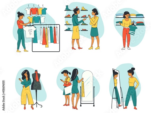 Women shop in a clothing store, choose, try on in front of a mirror and talk to a consultant. Shopping, buying new clothes and shoes.