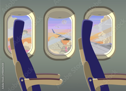 In the cabin there are planes. View from the airplane window. Vector.