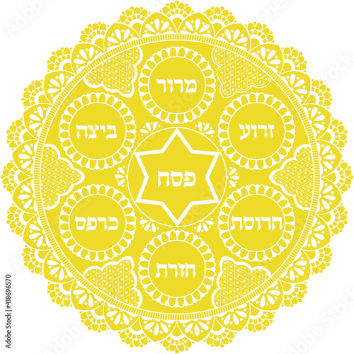 Jewish golden and white passover holiday plate. Vector illustration with hebrew traditional dish naming text Passover,egg, shank bone,charoset, horse-radish, parsley, bitter herbs