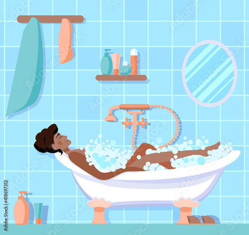  happy young African-American girl is lying in a bathtub in soap suds.  interior of a cozy bathhouse with a black girl. The concept of a relaxing holiday at home. Vector illustration in cartoon style.