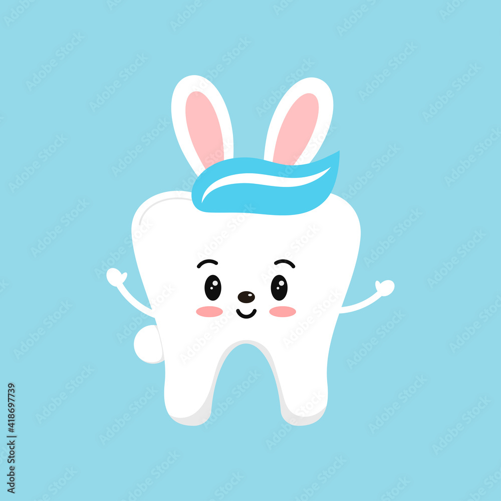 Easter tooth with bunny ears boy dental icon isolated on background. Dentist white cute teeth easter character with rabbit ears and tail. Flat cartoon vector kids dentistry clip art illustration. Stock Vector | Easter tooth with bunny ears boy dental icon isolated on background. Dentist white cute teeth easter character with rabbit ears and tail. Flat cartoon vector kids dentistry clip art illustration. Stock Vector |