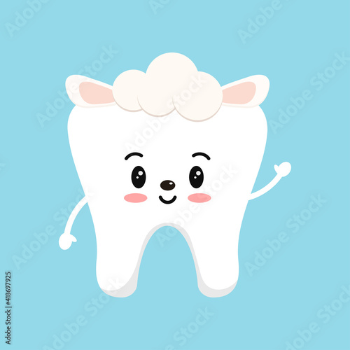 Easter cute tooth in sheep costume dental icon isolated on background. Dentist white teeth easter character with sheep's ears and wool on head. Flat cartoon vector kids dentistry clip art illustration