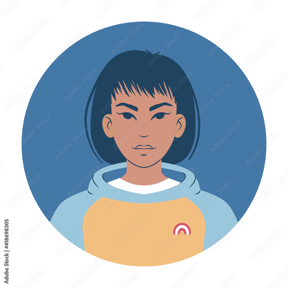 Portrait of a young woman in a colourful hoodie. Cartoon teenager avatar. Flat style illustration. Portrait of a young woman in a colourful hoodie. Cartoon teenager avatar. Flat style illustration.