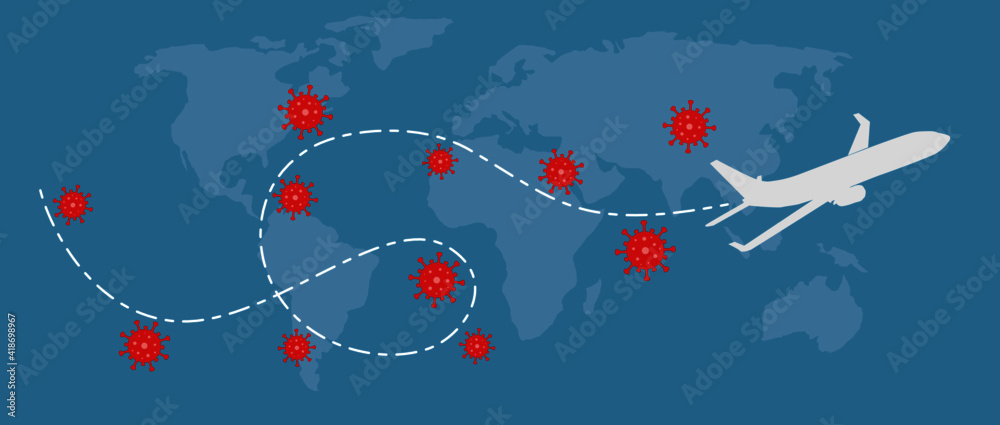 Fototapeta premium Warning of the spread of the coronavirus to the world by airplane and travel.