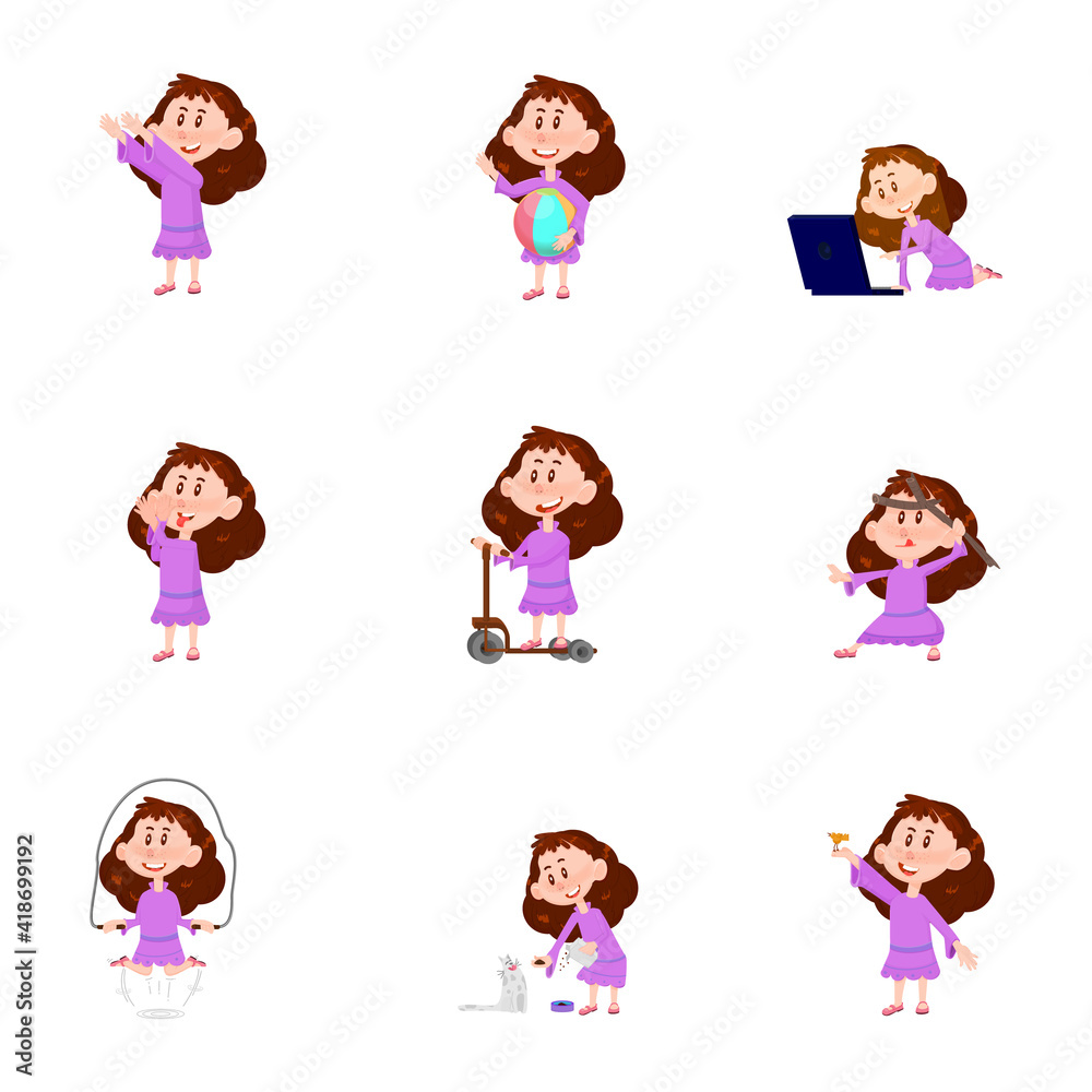 Flat character - girl playing different emotions scene lifestyle.