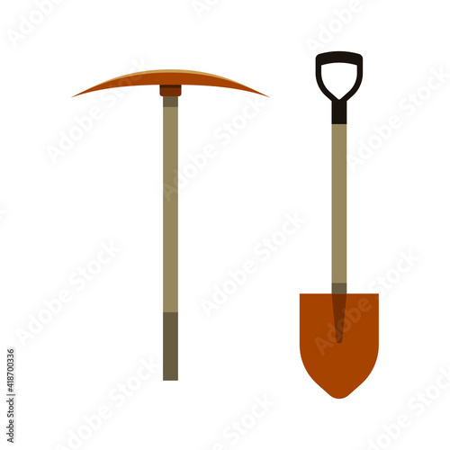 Shovel and pickaxe on white background, vector illustration