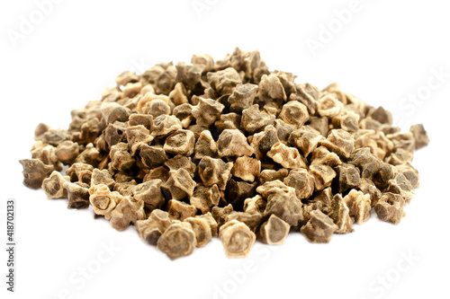Pile of dry beet seeds on a white background, top view. Close-up of beet seeds on a white background, top view. Heap of beetroot seeds close-up on a white background. Light brown wrinkled beet seeds.