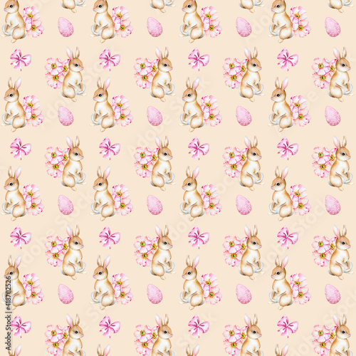 Watercolor seamless Easter Patterns, seamless pattern with bunny and flowers