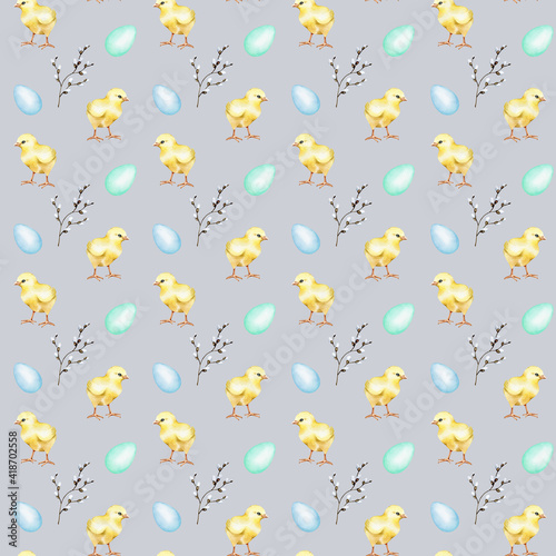 Watercolor  seamless Easter Patterns, seamless pattern with chick and willow
