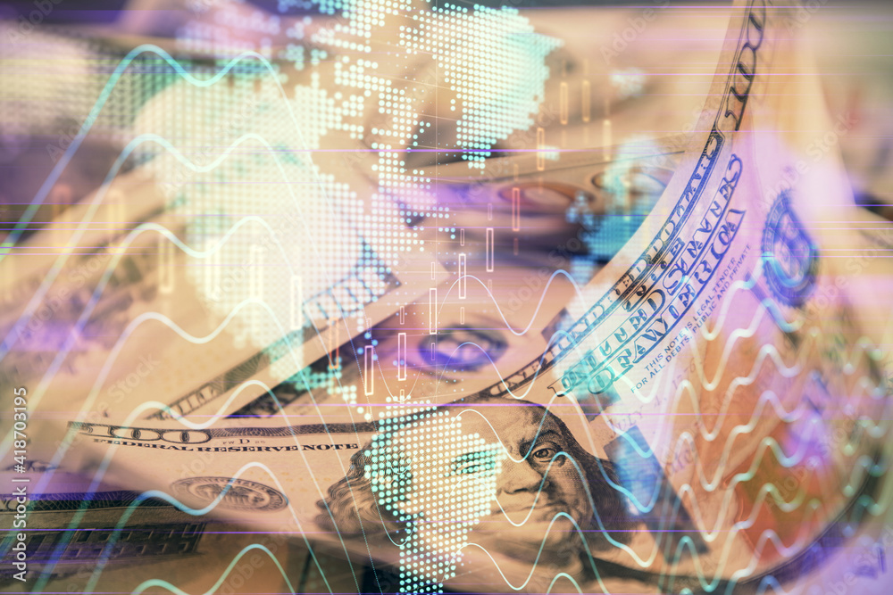 Double exposure of forex graph drawing over us dollars bill background. Concept of financial markets.