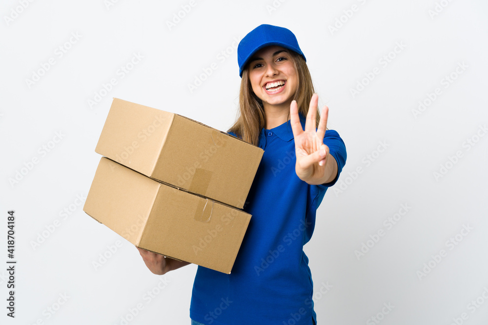 Young delivery woman over isolated white background happy and counting three with fingers Young delivery woman over isolated white background happy and counting three with fingers